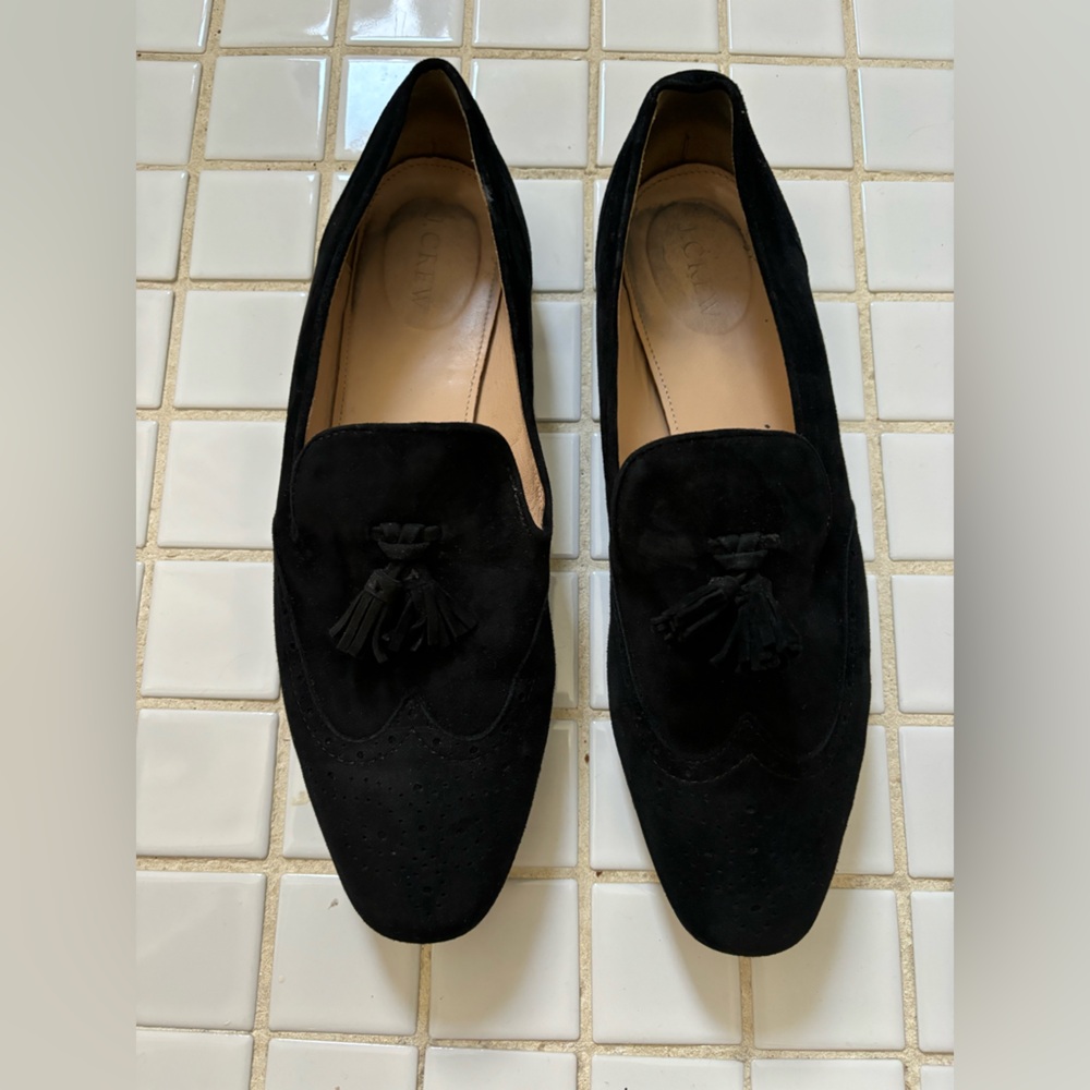 JCrew suede tassel loafers in black, size 10